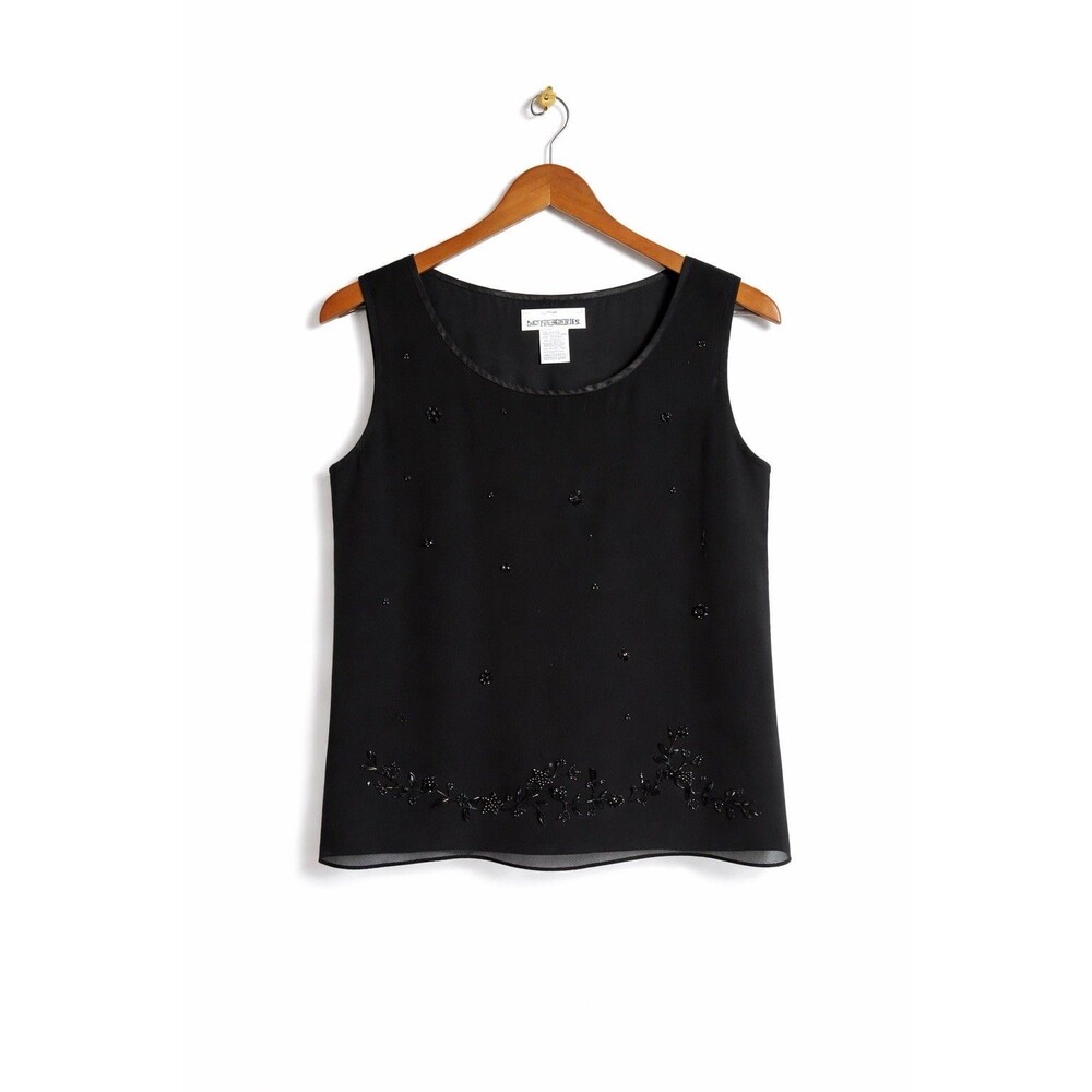 After Dark Black Beaded Tank Top Petite Sleeveless Sheer Overlay Dressy Size 8P
